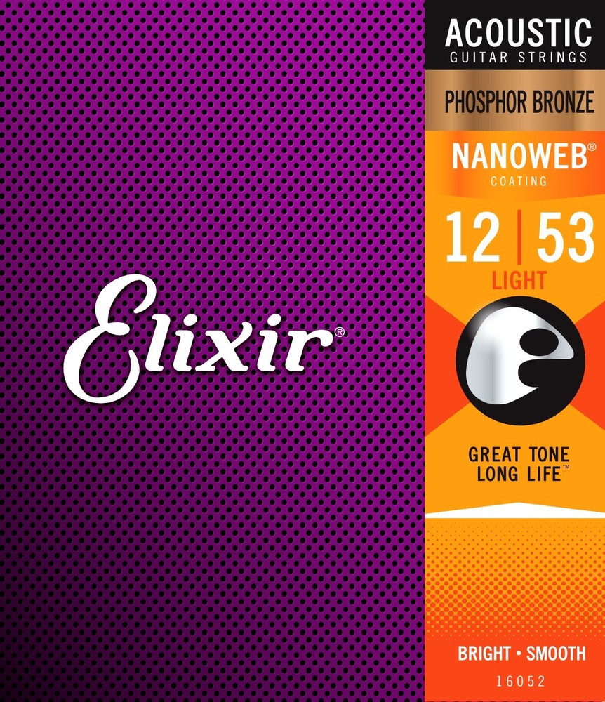 Elixir 16052 Phosphor Bronze Nanoweb acoustic guitar strings, Lt .012-.053