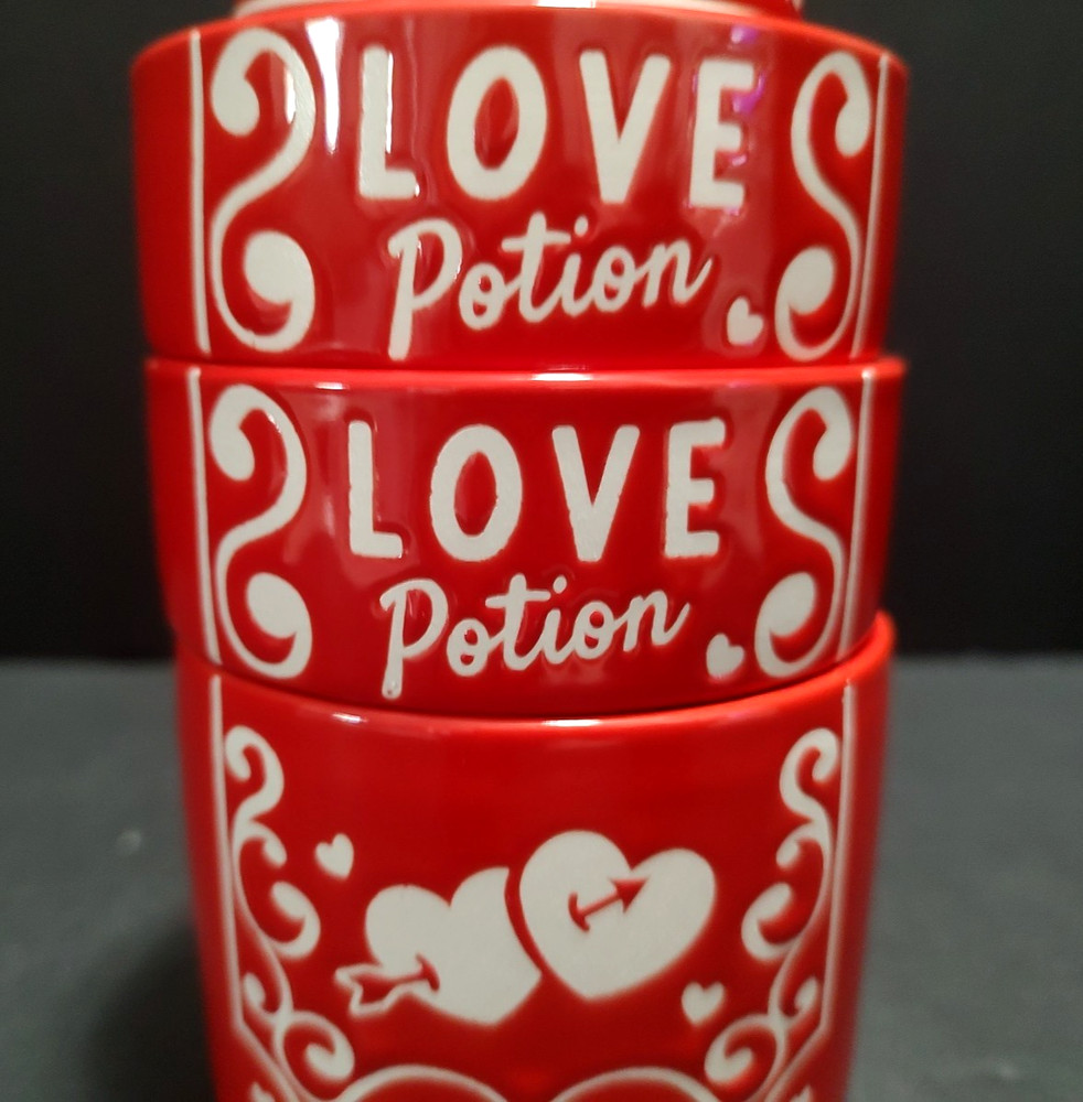 Red Ceramic Love Potion Bottle Shaped Stacking Measuring Cup Set 9" Tall