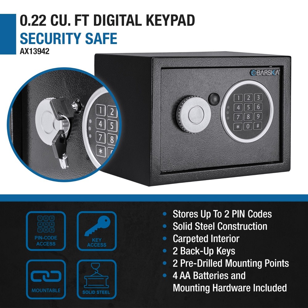 Barska Compact Security Safe Digital Keypad Lock Box w/ Deadbolts 0.22 Cu. Ft.