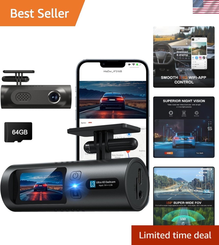 Wireless 2.5K Dash Cam with App Control &  Night Vision Technology