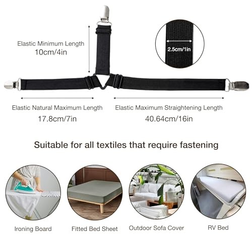 Bed Sheet Straps, Adjustable Elastic Fasteners with Metal Clips, Fitted Bed