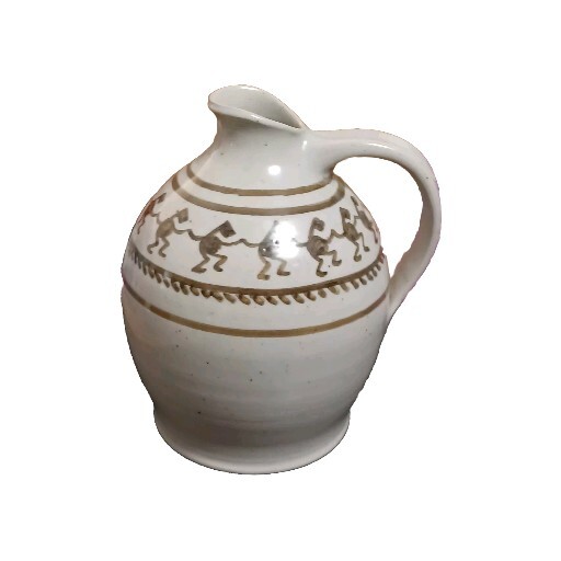 Handpainted  Earthenware pottery  Water Pitcher Signed. 7.5"  Kokopelli.   A-8