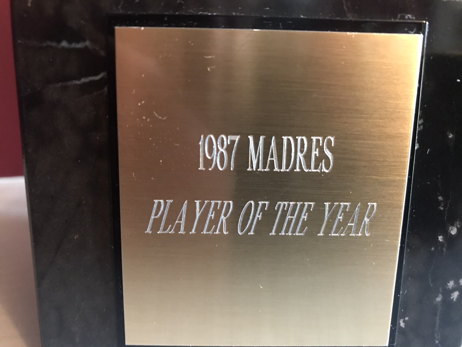 TONY GWYNN PERSONALLY OWNED 1987 “MADRES” PLAYER OF THE YEAR AWARD WITH COA