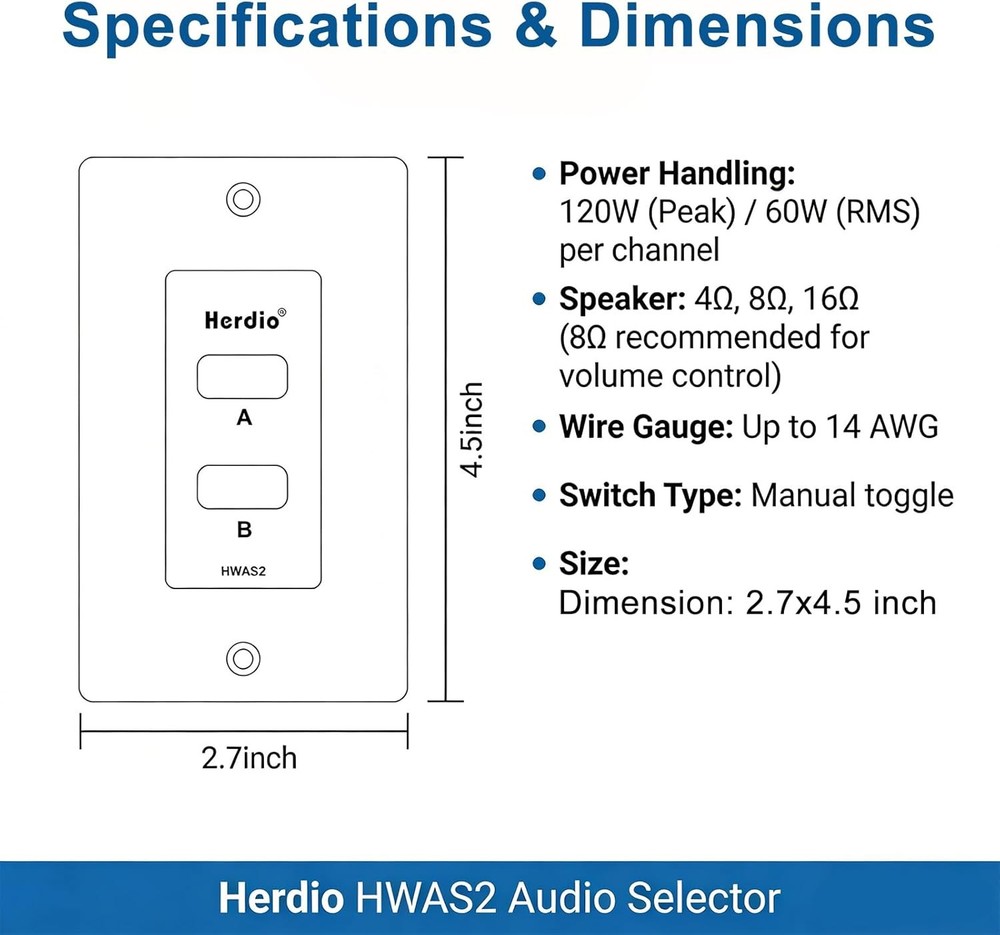 Herdio In Wall 2 Channel Speaker Selector Switch Home Audio Controller