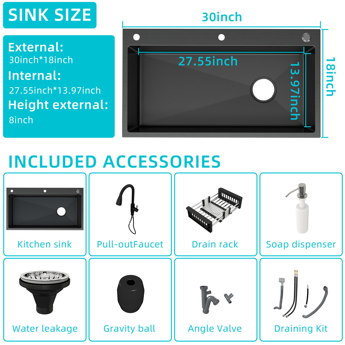 Black Drop In Kitchen Sink Workstation 28/30/32 Inch Single Bowl Stainless Steel