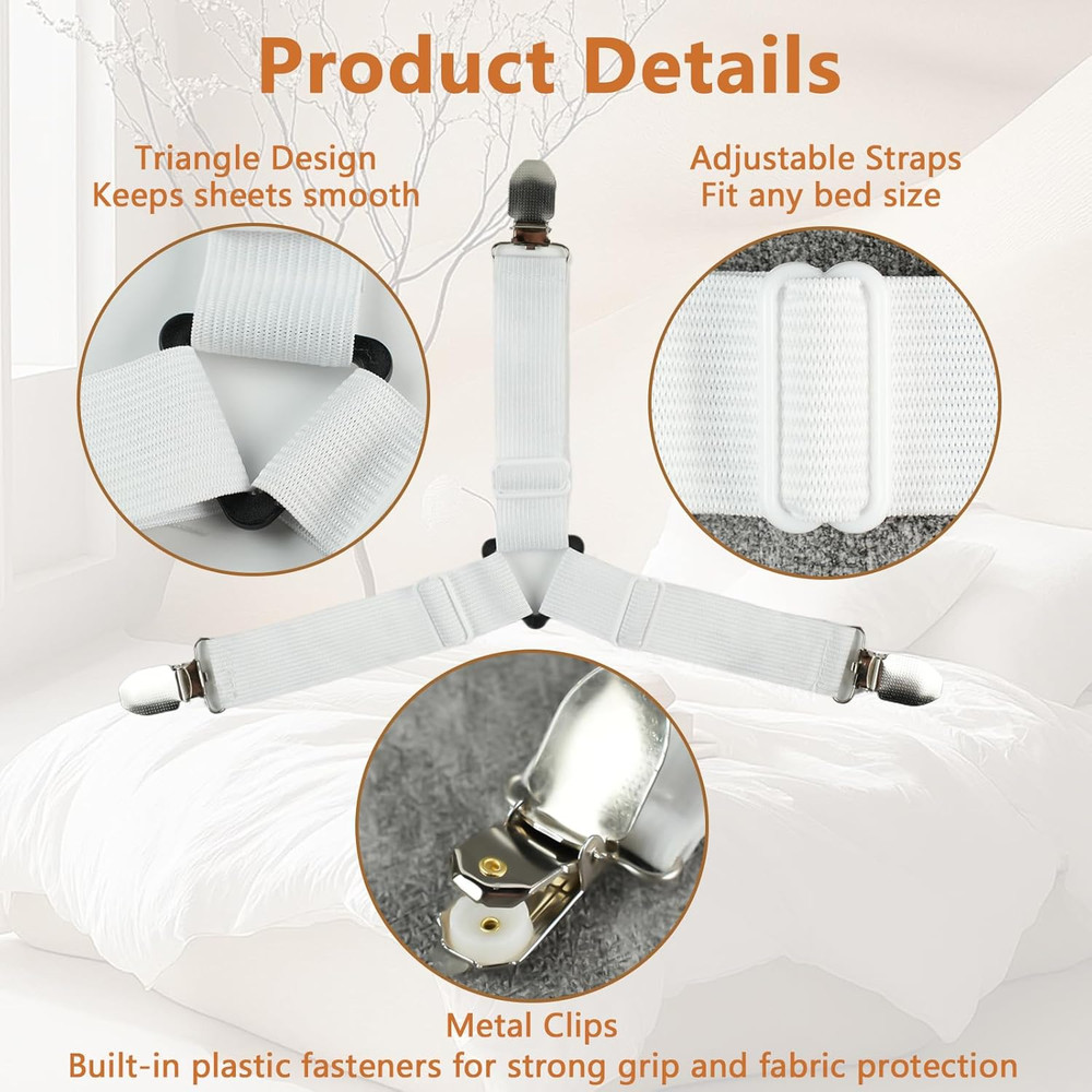 4PCS Bed Sheet Straps with Metal Clips, Adjustable Elastic Fitted Sheet Holders