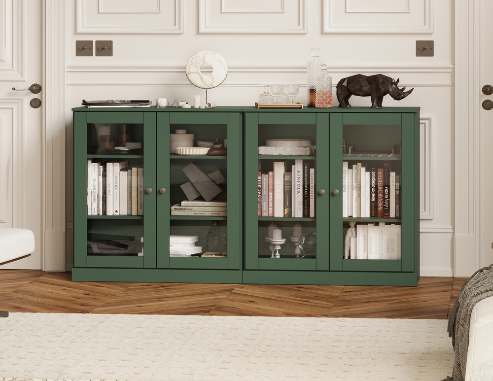 100% Solid Wood 64" Modular Sideboard, 2 Clear Glass Doors
