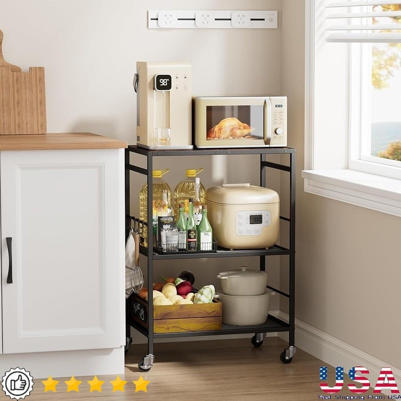 Microwave Storage Cart Rolling Kitchen Island Adjustable Shelves Lockable Wheels