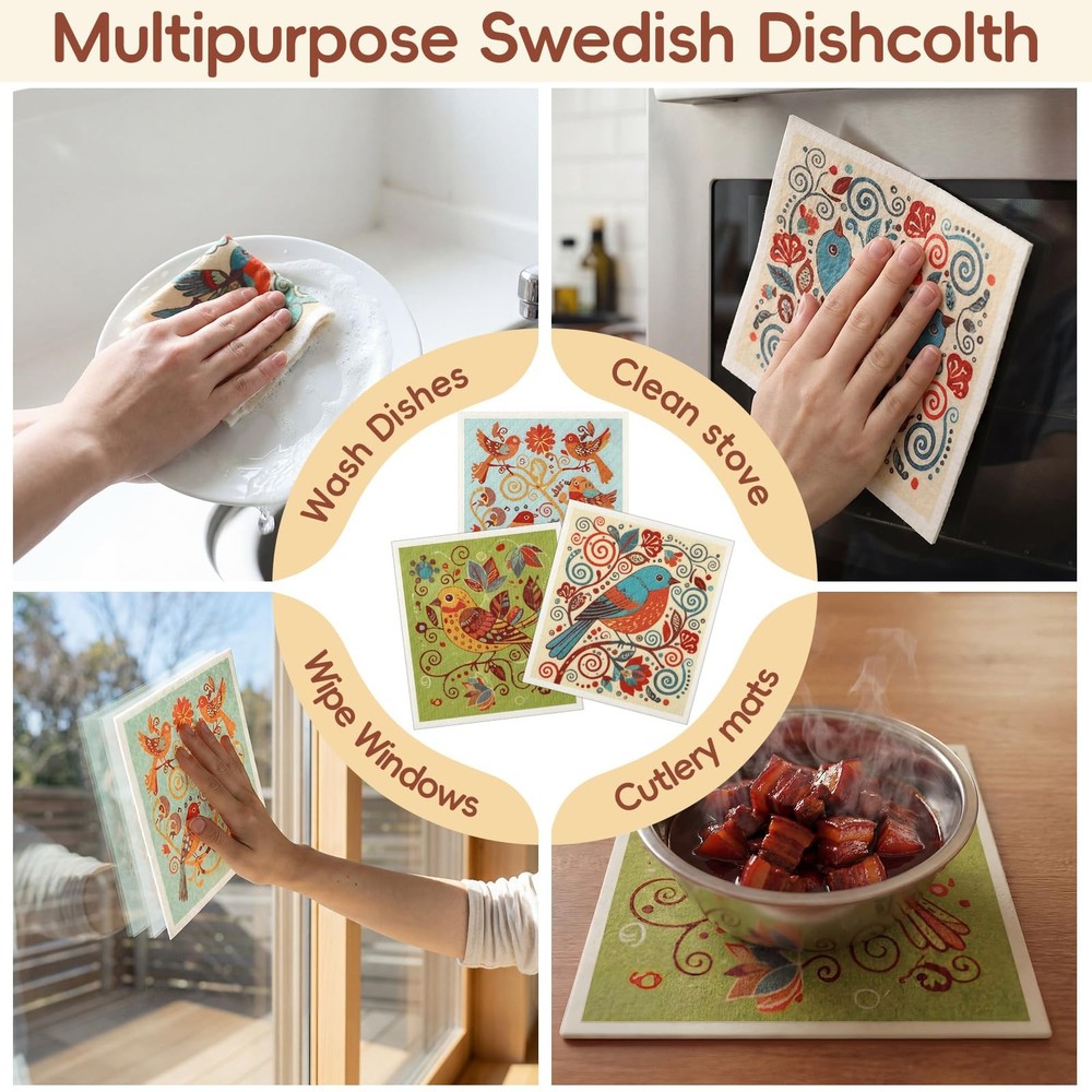12 Pack Sweden Dishcloths 6 Patterns Super Absorbent Reusable Quick-Drying Wa...