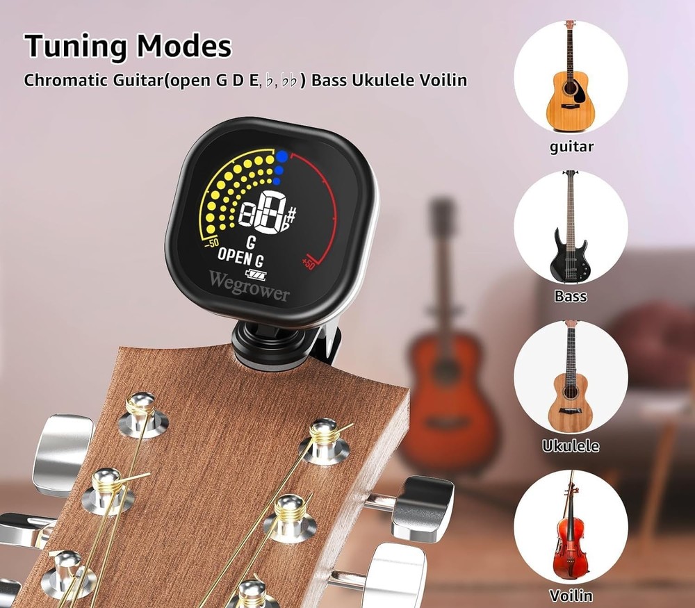 Versatile LCD Color Guitar Tuner - Rechargeable, Compact, Multi-Instrument Use