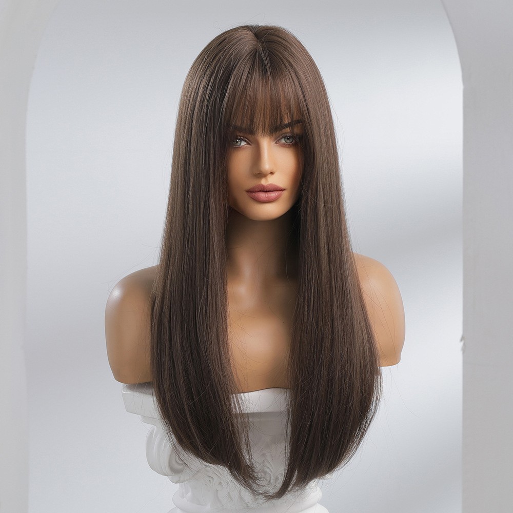 Heat Resistant Synthetic Hair Costume Wig With Bangs Choc Brown Long Straight