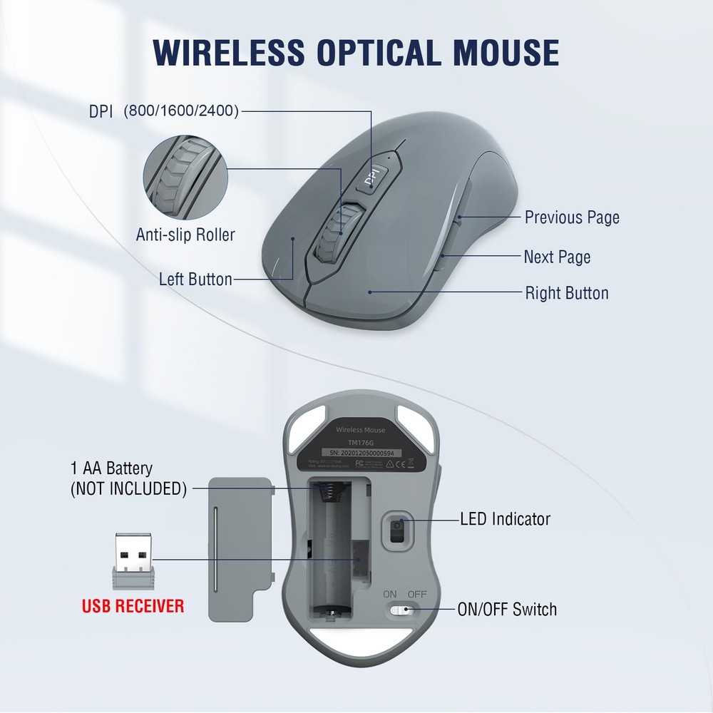 Wireless Keyboard Mouse Combo FullSized 2.4GHz Ergonomic Optical Mice Gray