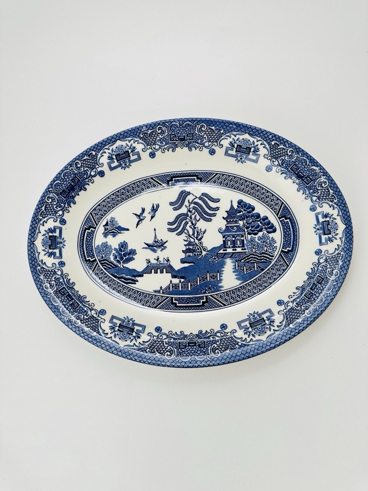 Blue White Willow Pattern Oval Ceramic Platter Asian Theme Serving Dish