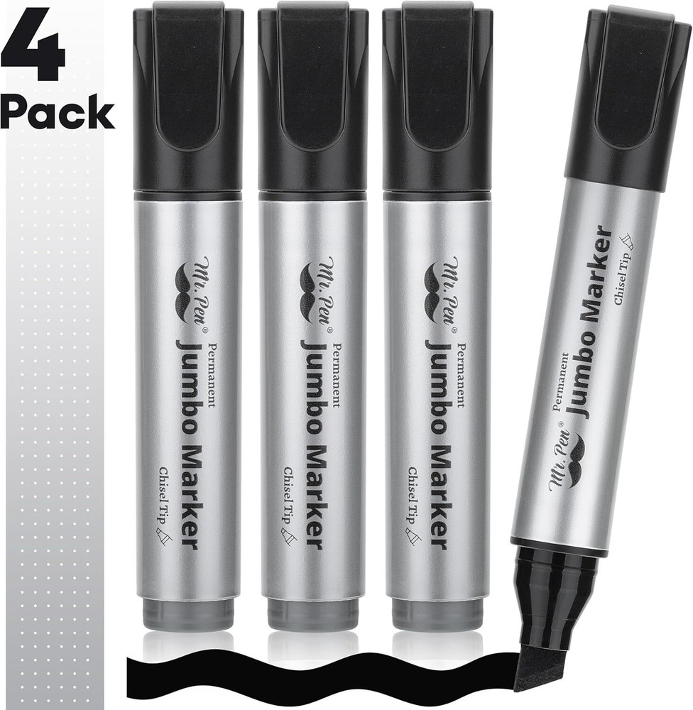 Jumbo Permanent Markers 4 Pack Chisel Tip Black - Thick Wide Tip Large Size