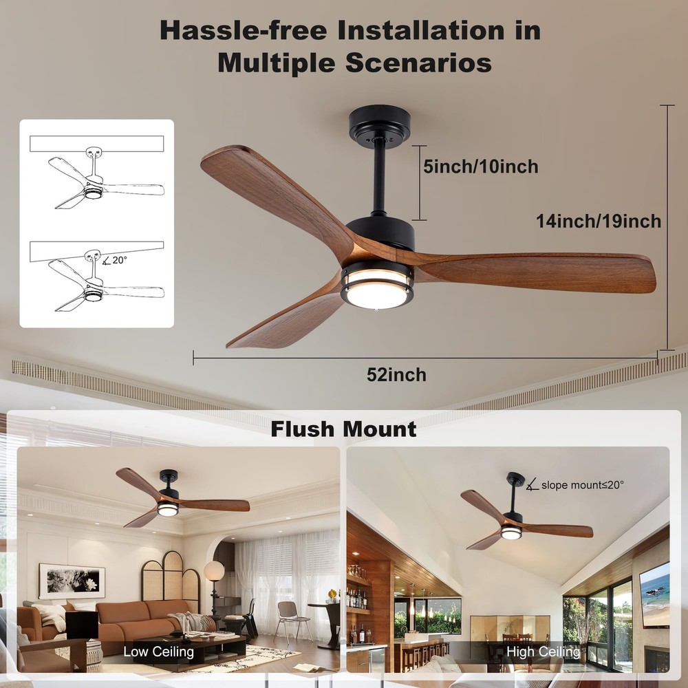 52” Outdoor Ceiling Fan with Light, 3 Walnut Solid Wood Blade, Remote Control...