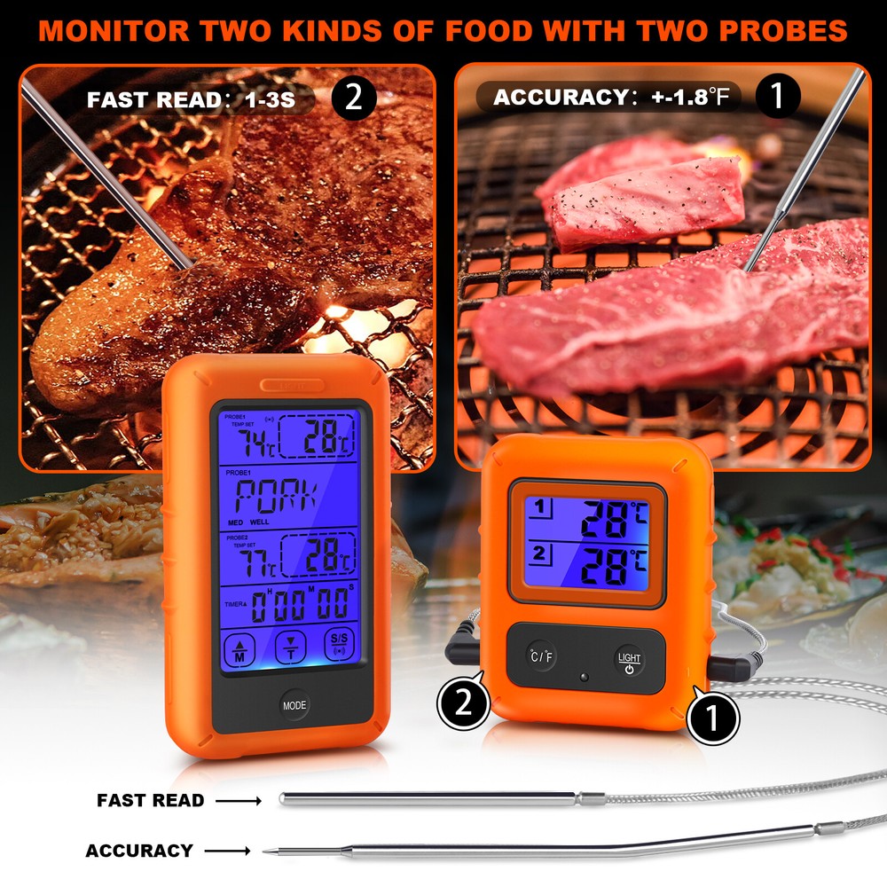 Dual 2 Probes Digital Wireless LCD Meat Cooking Kitchen Alarm Thermometer &Timer