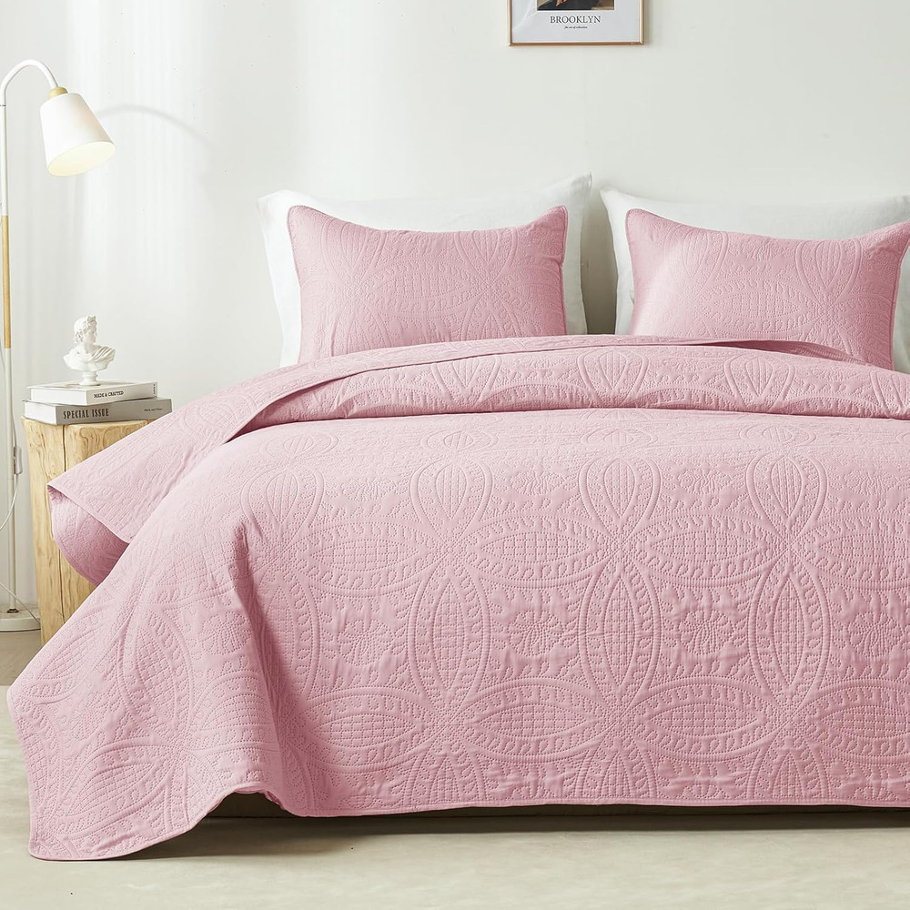 Full/Queen Quilt Set,Pink Lightweight Bedspread with Coin Pattern, Soft Microfib
