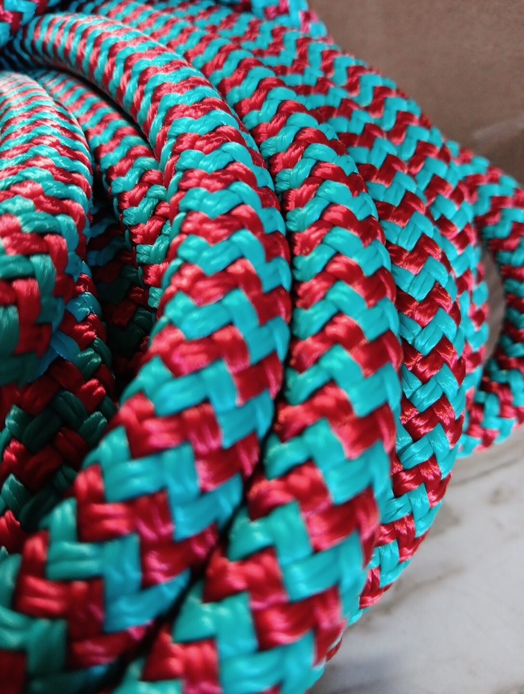9/16 x 65ft. Double Braid-Yacht Braid Polyester Rope. Herringbone Turq/red