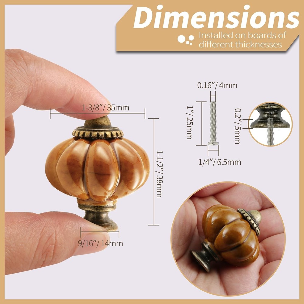 Earthy Yellow Pumpkin Knobs 6 Pack Ceramic Cabinet Knobs Vintage Drawer Pulls...