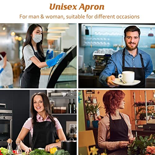 4 Pack Adjustable Apron Apron with 2 Pockets, Machine Washable Polycotton Black