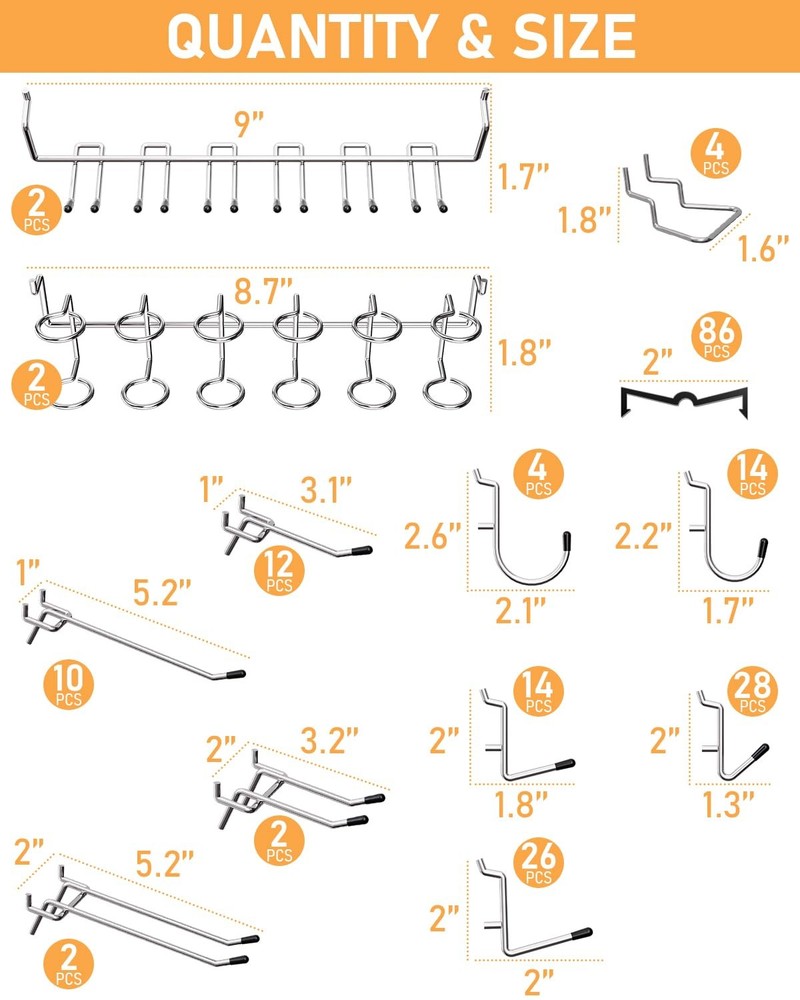 INCLY Pegboard Hooks Set for Hanging Tools 206PCS Heavy Duty Peg Hook Hanger ...