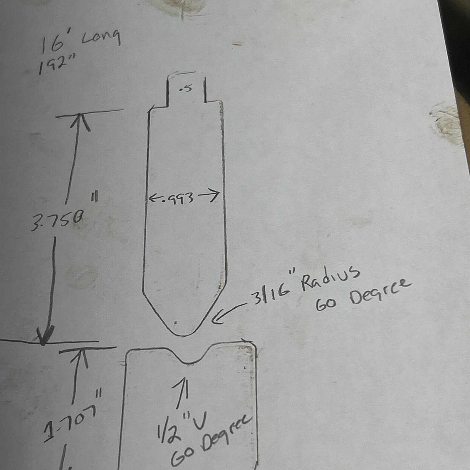 4’-16’Set Of 60 Degree Air Forming Brake Press Punch And Die. 3/16” Radius, 1/2”