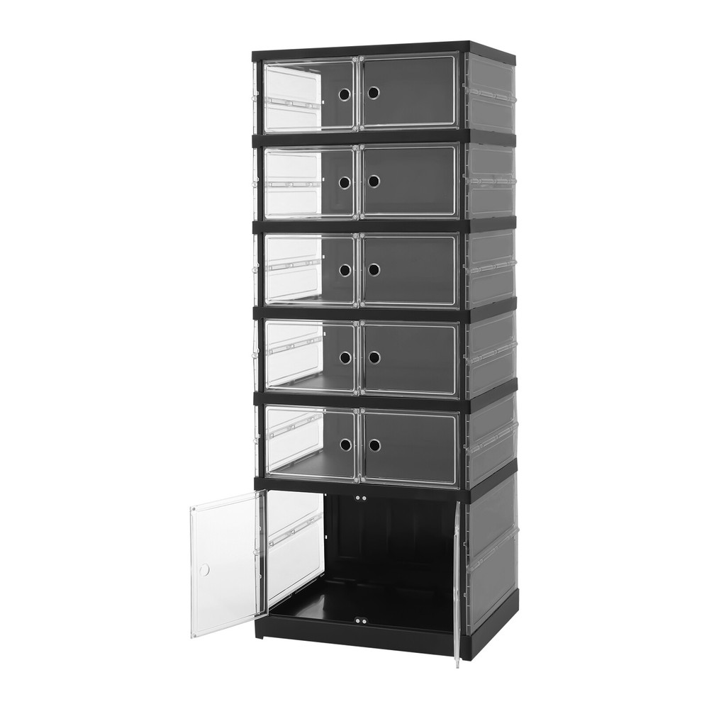 6 Tiers Shoe Storage Box Black Stackable Shoe Container Sneaker Organizer