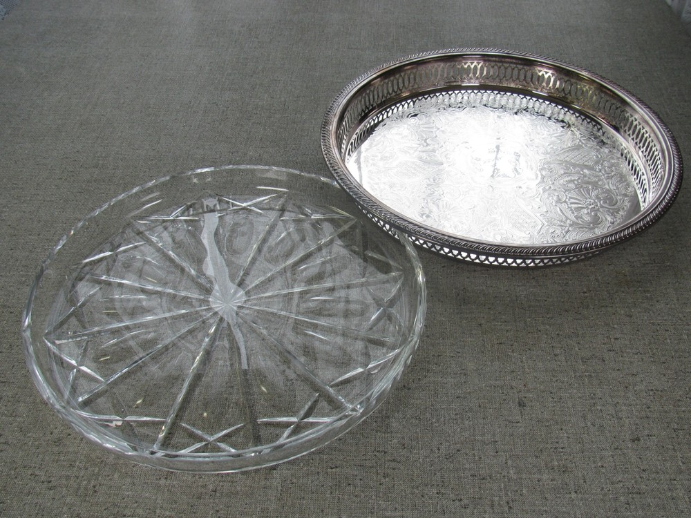 Vtg WM ROGERS Silverplate Etched 12 1/4" Platter Tray & Crystal Platter Insert