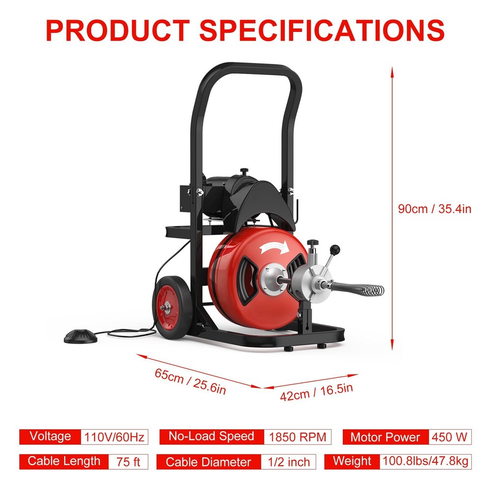 75FT x 1/2" Cable Electric Drain Cleaning Machine ,Auto Feed Sewer Snake Auger
