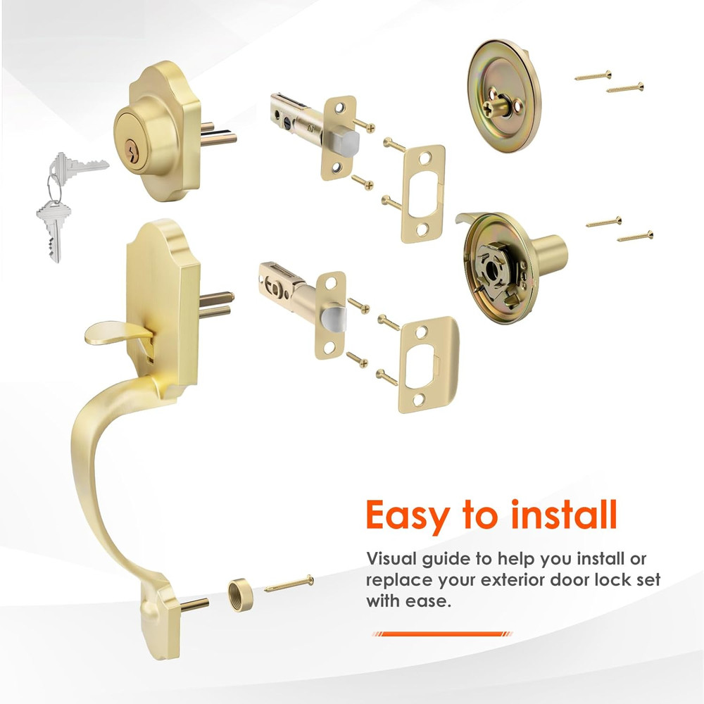 Elegant Gold Front Door Handle & Deadbolt Set - Reversible Lock