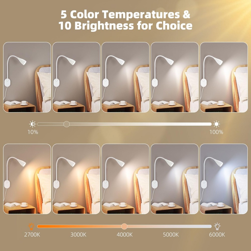 Dimmable Wall Mounted Reading Lamp with USB Charging Port, Flexible Gooseneck