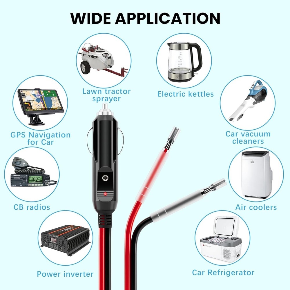 Reliable 12V Cigarette Lighter Plug with Fuse, Indicator & 1FT Cable - 2 Count