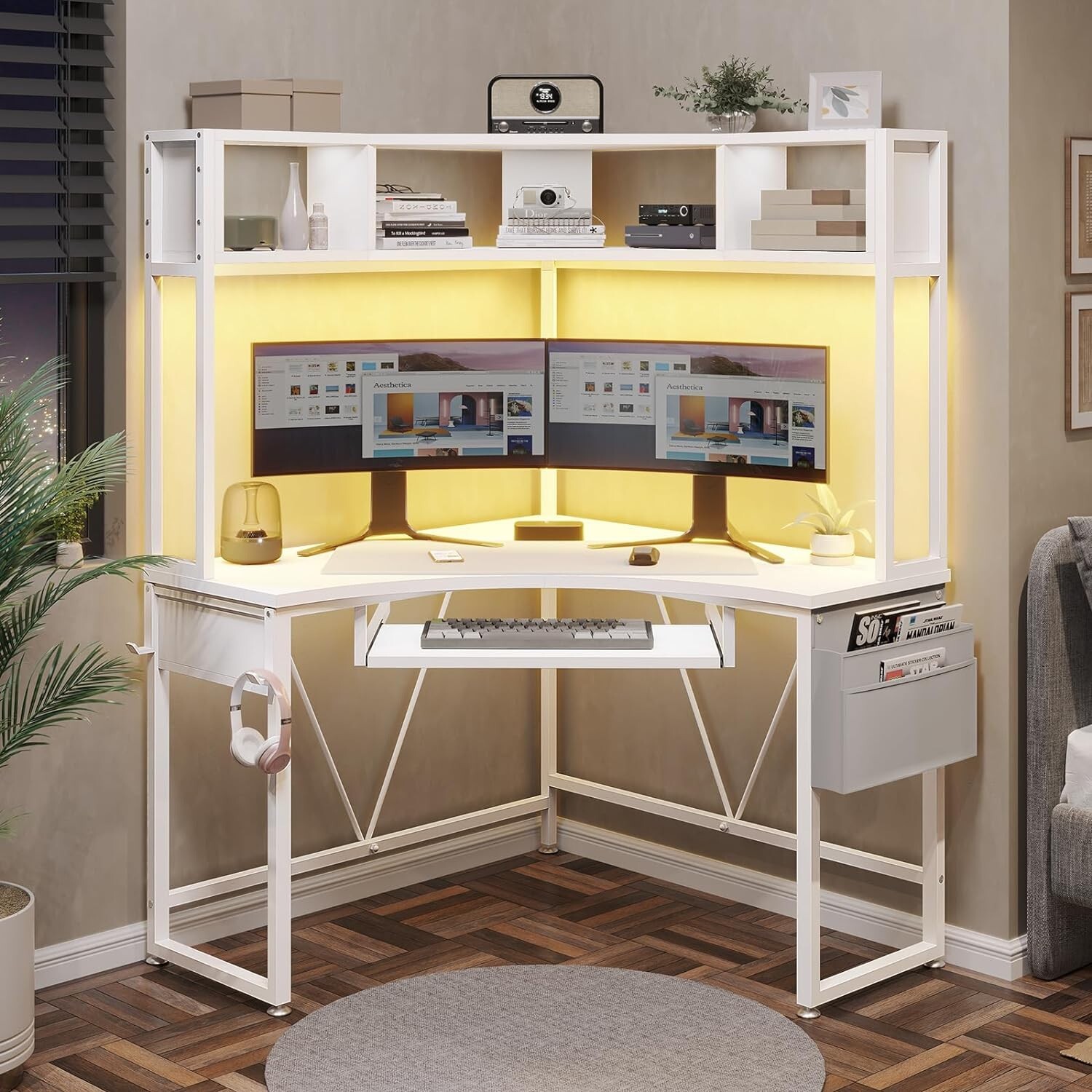 Corner Desk, Small Computer Desk with Hutch &LED Lights Small Office Desk, White