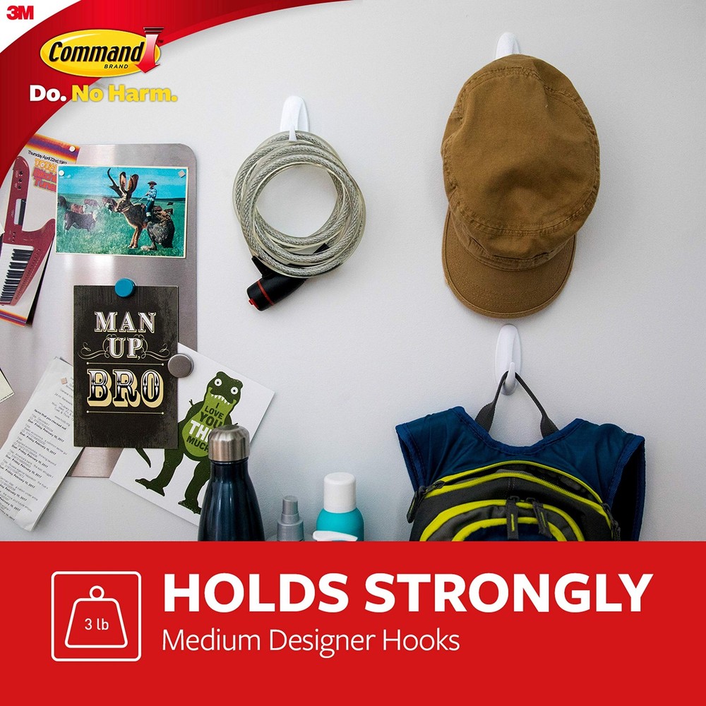 Command Medium Designer Hooks, 2 Hooks and 4 Strips, Medium, White