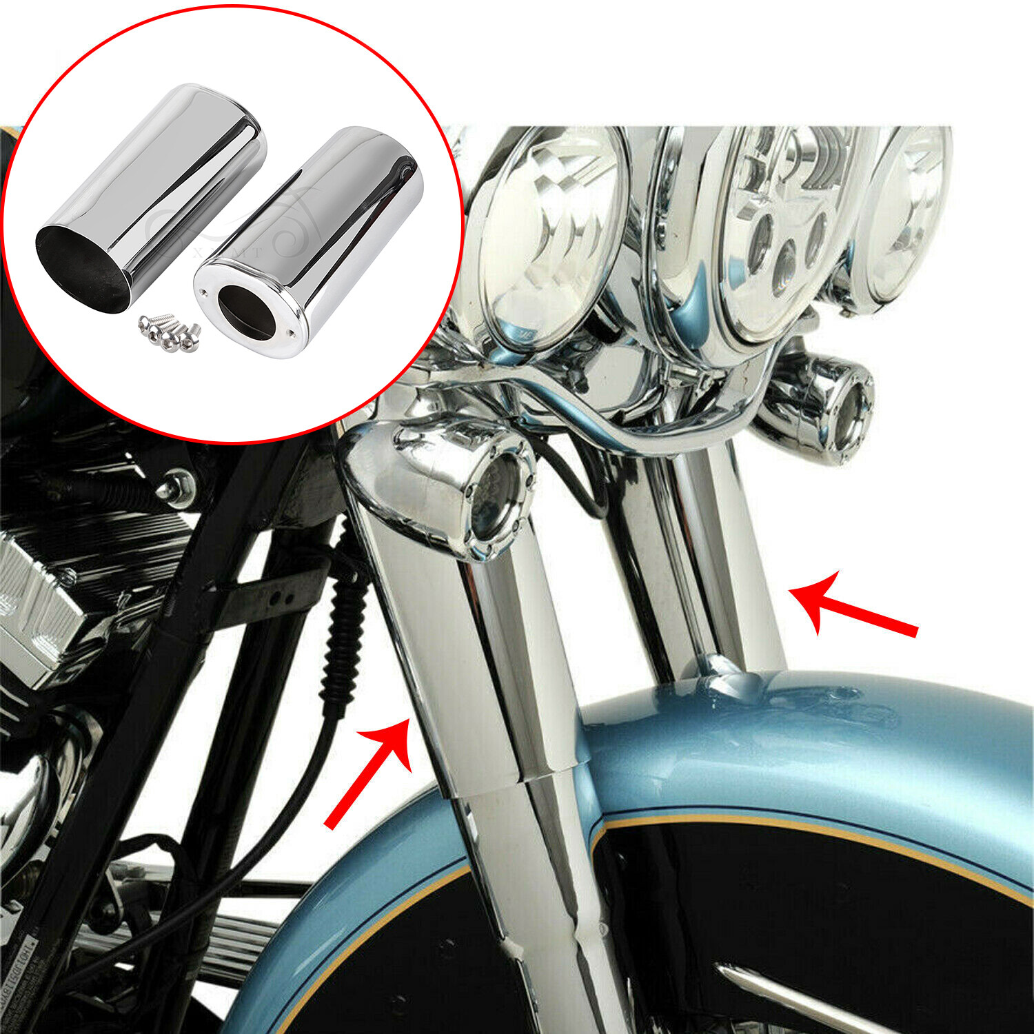 Chrome Fork Boot Slider Cover Cow Bells For Harley Street Glide Road King FLHR