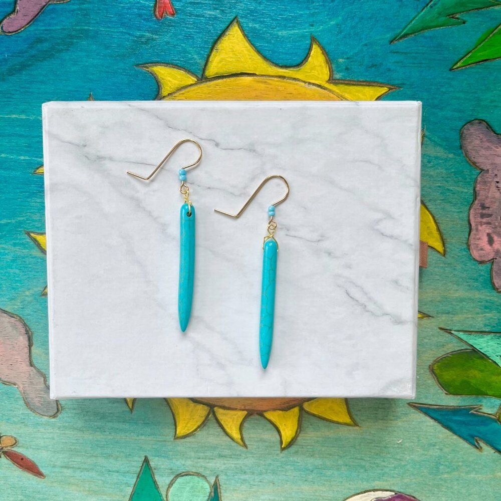 Turquoise Blue Crystal Dagger Drop Bar Earrings