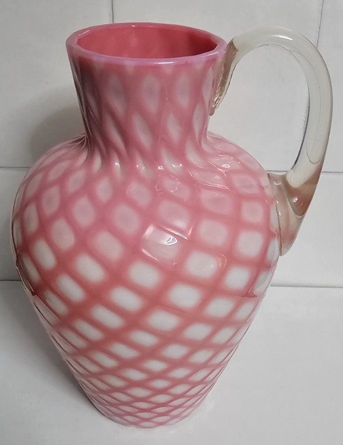 EAPG Victorian Glass Opaque Pink White Lattice Pitcher Jug