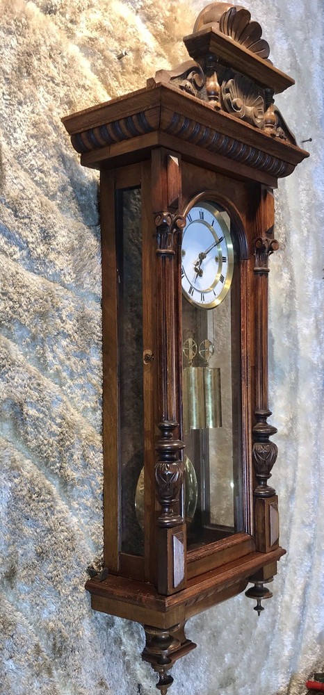 Rare Small Size,Antique Germany Wall Strike Clock,3 Brass Weights,walnut Case,