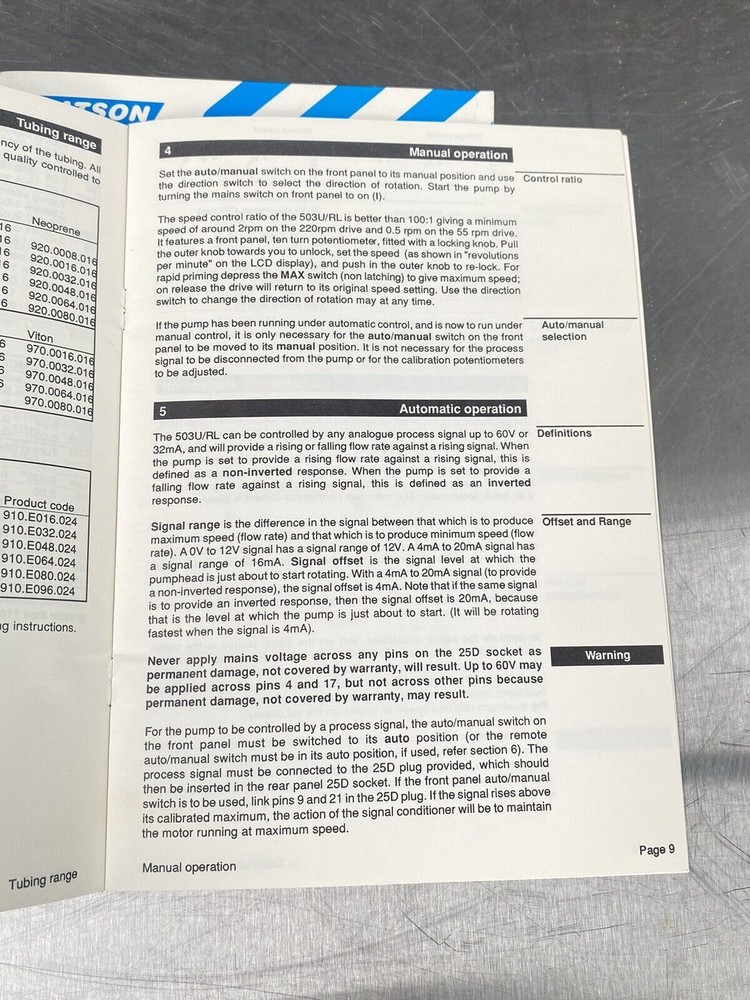 Watson Marlow 503U/RL 5903U Pump - Users Manual /Instructions Book