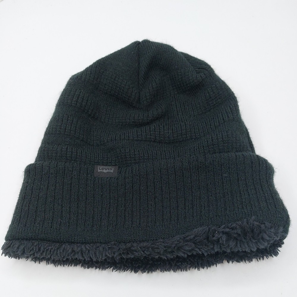 Levis Knit Beanie Hat Cap Black Sherpa Lining