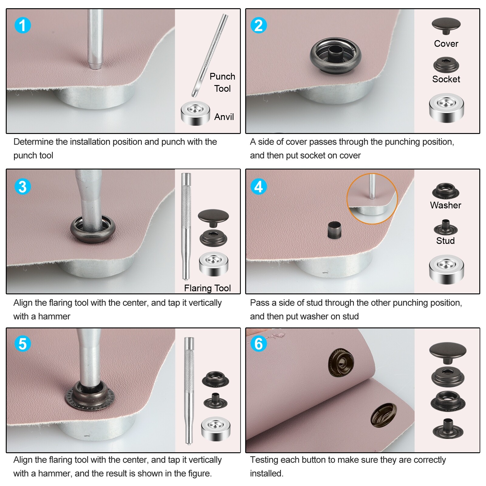 Heavy Duty Snap Fastener Button Kit 70 Set 15mm 5/8" Stainless Steel for Leather