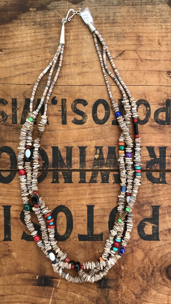 Beaded Shell Necklace With Colored Beads Native Southwestern Triple String