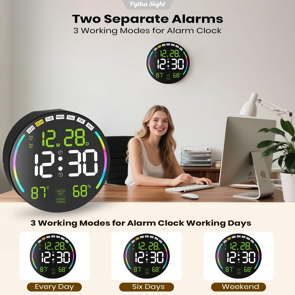 Large Digital Wall Clock with 10.3" LED Display,Alarm,Countdown Timer,DST,Tem...