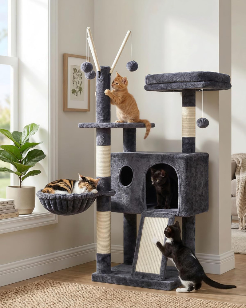 Cat Tree Tower, Scratching Posts with Removable Toys, Cozy Condo, Platform, Hamm