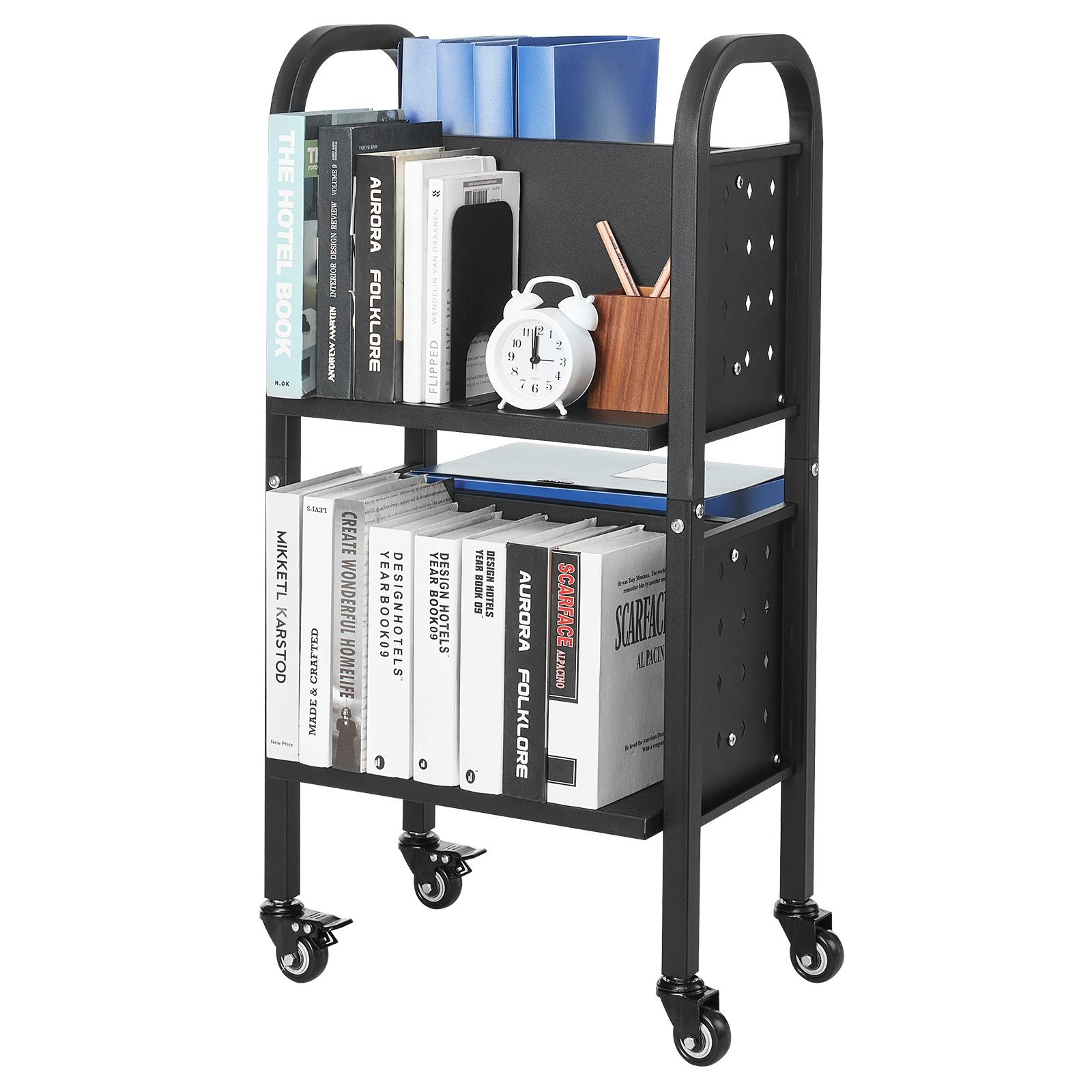 2-Tier Rolling Book Cart Double Sided L-Shaped Shelves Book Truck in Black