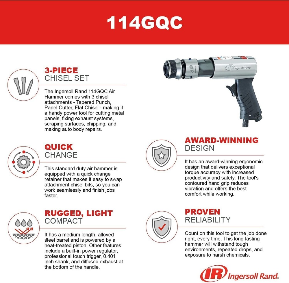 High-Performance Effortless Quick-Change Air Hammer - 3-Piece Chisel Set