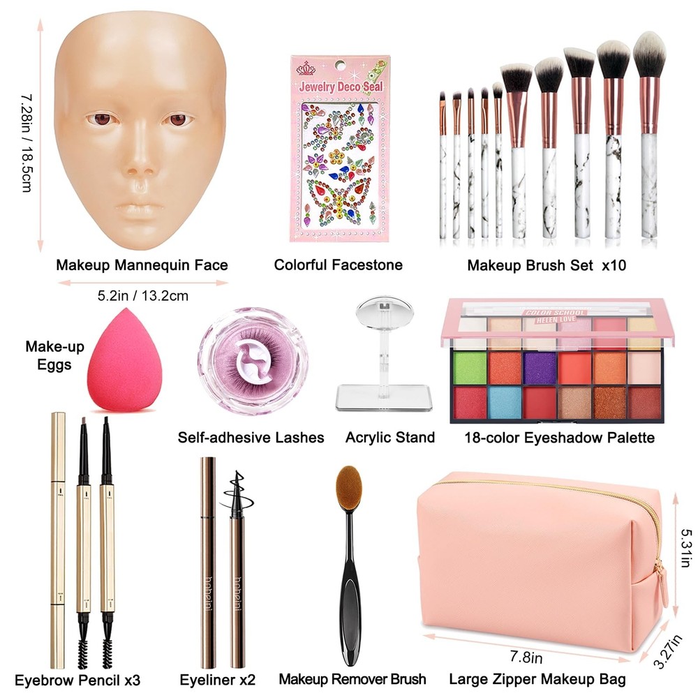 Silicone Makeup Practice Board - Full Face Mannequin with Makeup Kit, Face Ge...