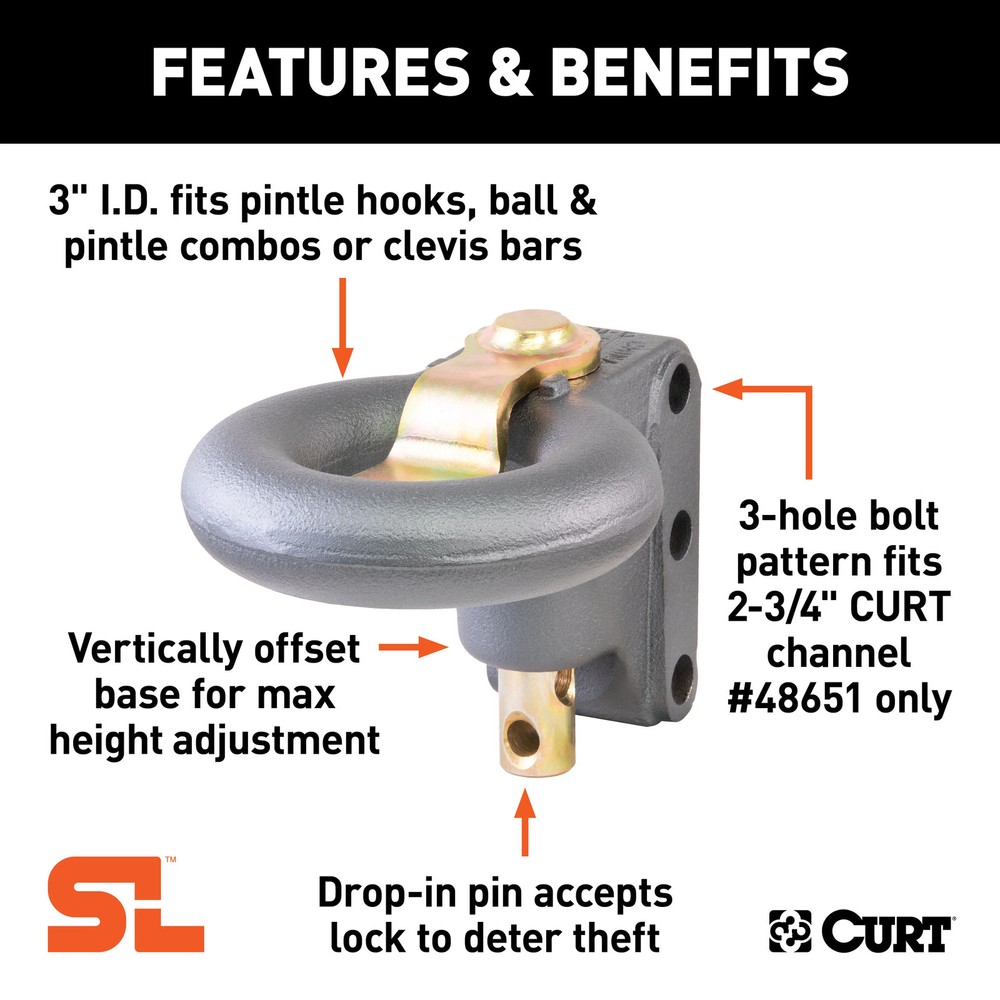 Curt-SecureLatch Channel-Style Lunette Ring (40,000 lbs., 3" ID)