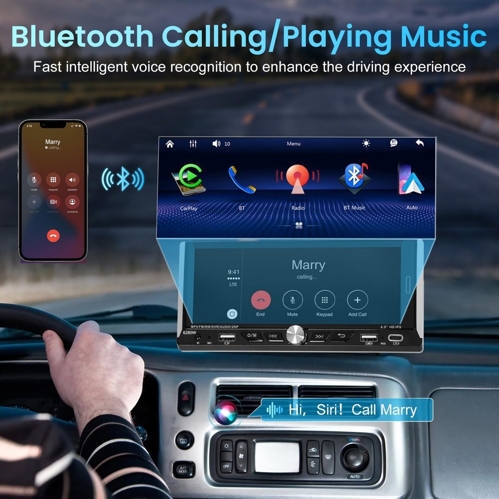 6.86' Single Din Touchscreen Car Stereo with Wireless Apple Carplay Android Auto