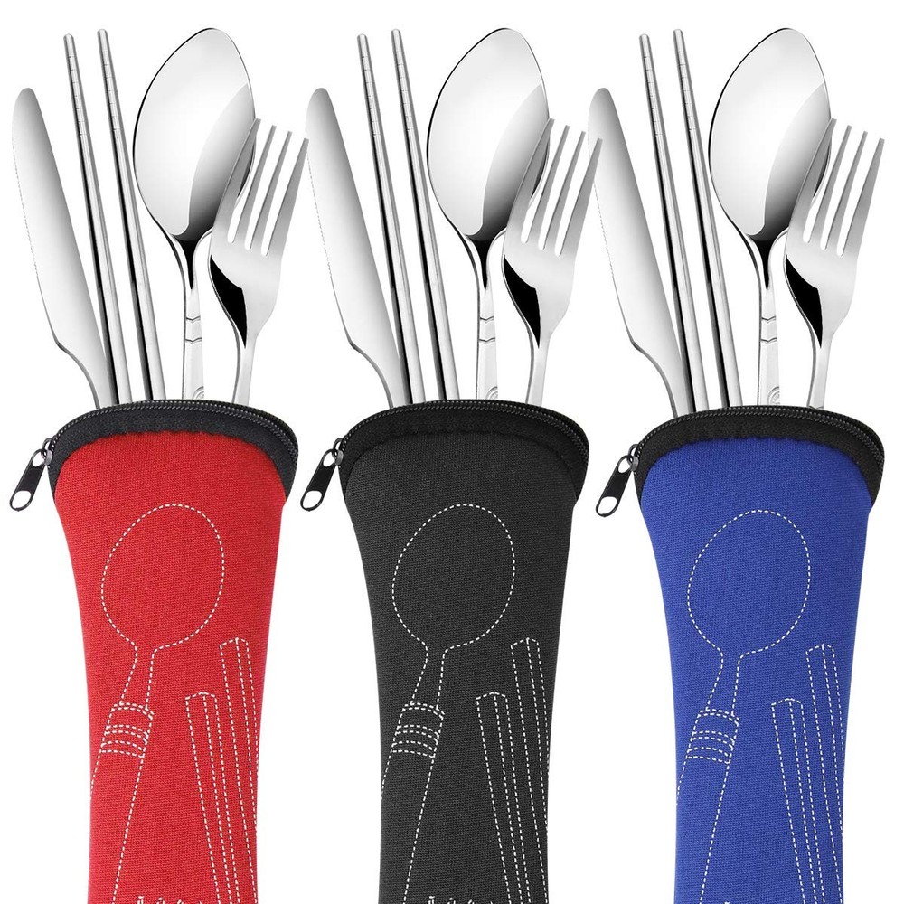 3 Pack Reusable Flatware Sets , Fork, Spoon, Chopsticks, 12Pcs Portable Trave...